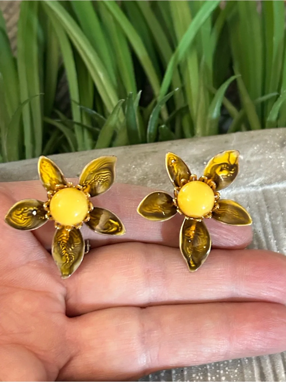 Vintage Yellow Flower Clip-On Earrings amber colored petals unique